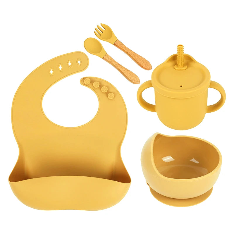 YLS Silicone Baby Feeding Set 5PCS Baby Weaning Supplies Self Feeding Utensils Suction Plate