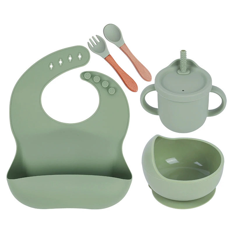 YLS Silicone Baby Feeding Set 5PCS Baby Weaning Supplies Self Feeding Utensils Suction Plate