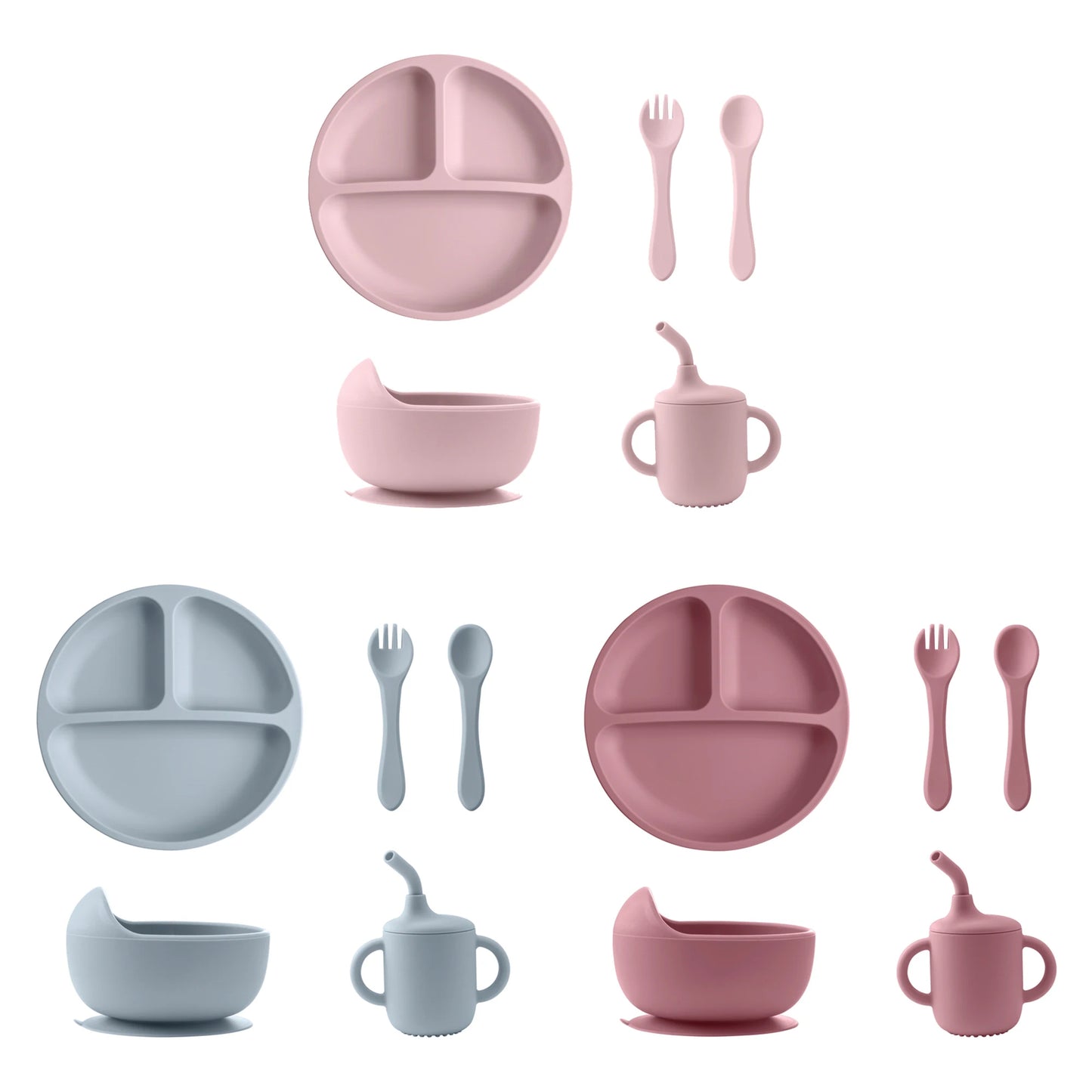 New BPA Free Silicone Baby Feeding Set Sucker Bowl Dinning Dishes Plate Straw Cup Spoon Forks For Kids