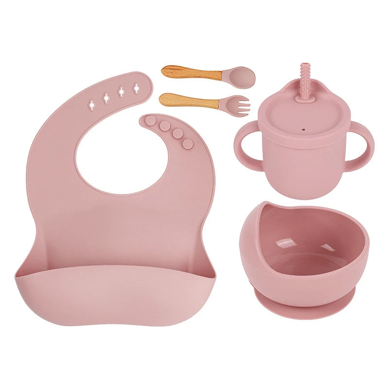 YLS Silicone Baby Feeding Set 5PCS Baby Weaning Supplies Self Feeding Utensils Suction Plate