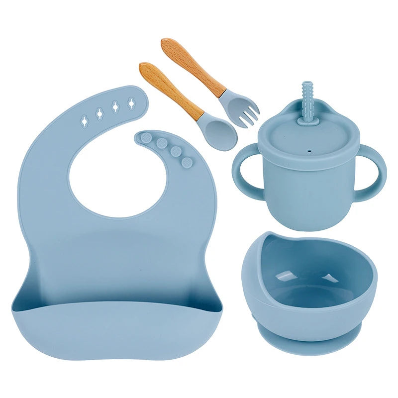 YLS Silicone Baby Feeding Set 5PCS Baby Weaning Supplies Self Feeding Utensils Suction Plate