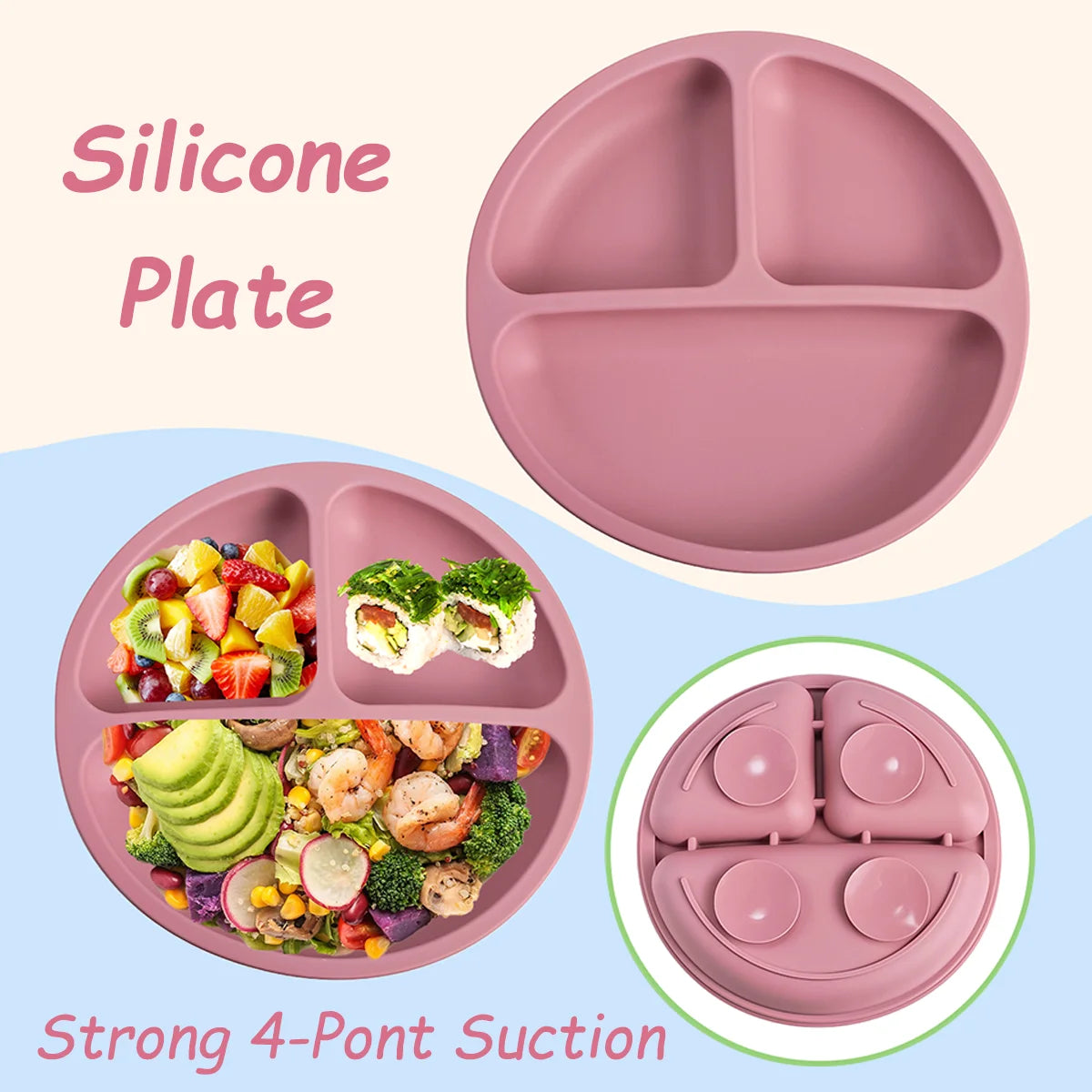 3PCS Silicone Baby Feeding Set BPA Free Suction Bowl Divided Plate Spoon Fork Silicone Bibs Children Tablewar