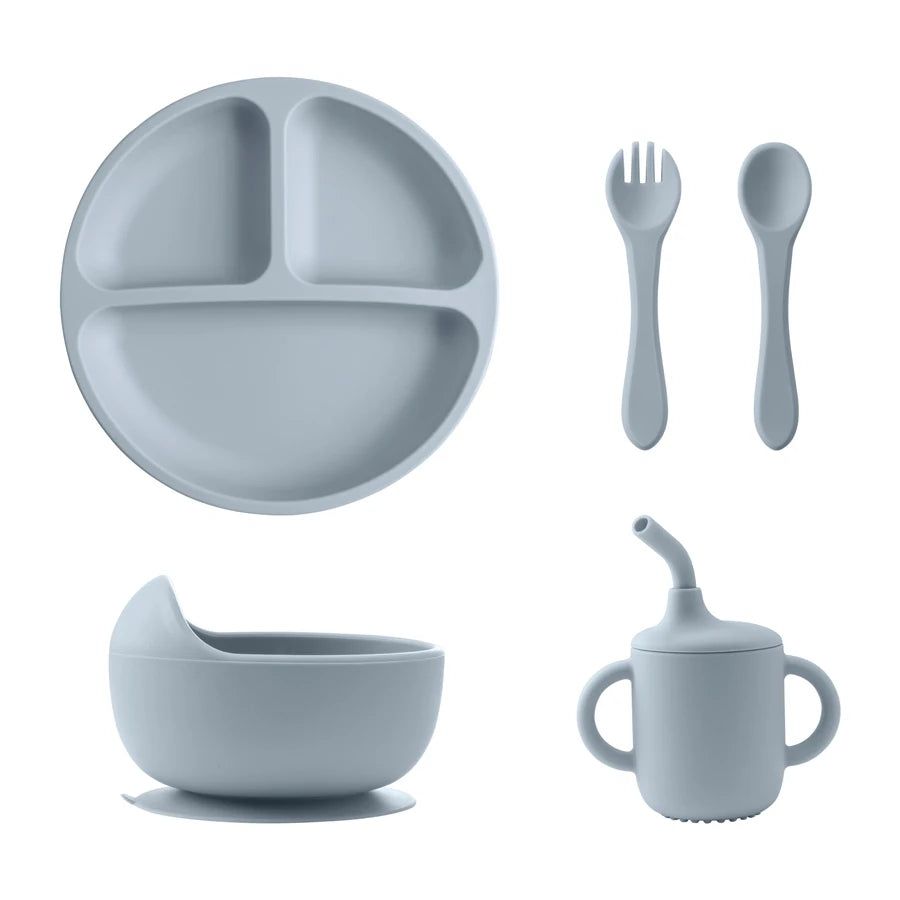New BPA Free Silicone Baby Feeding Set Sucker Bowl Dinning Dishes Plate Straw Cup Spoon Forks For Kids