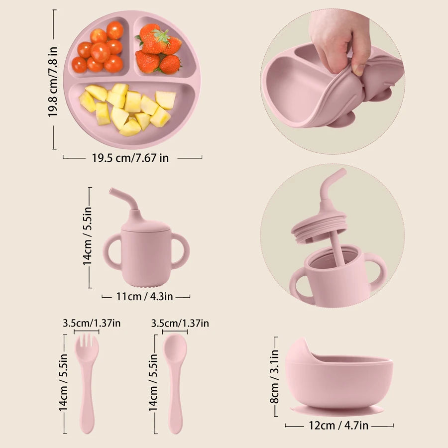 New BPA Free Silicone Baby Feeding Set Sucker Bowl Dinning Dishes Plate Straw Cup Spoon Forks For Kids