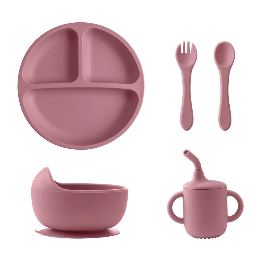 New BPA Free Silicone Baby Feeding Set Sucker Bowl Dinning Dishes Plate Straw Cup Spoon Forks For Kids