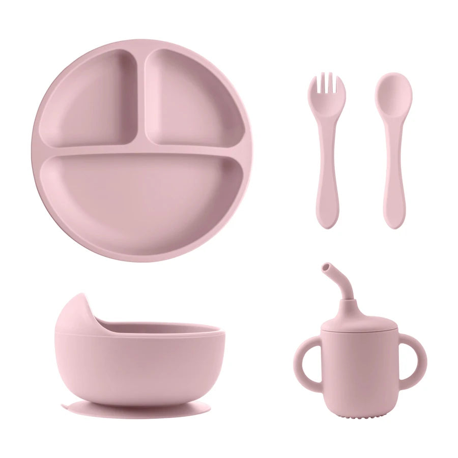 New BPA Free Silicone Baby Feeding Set Sucker Bowl Dinning Dishes Plate Straw Cup Spoon Forks For Kids