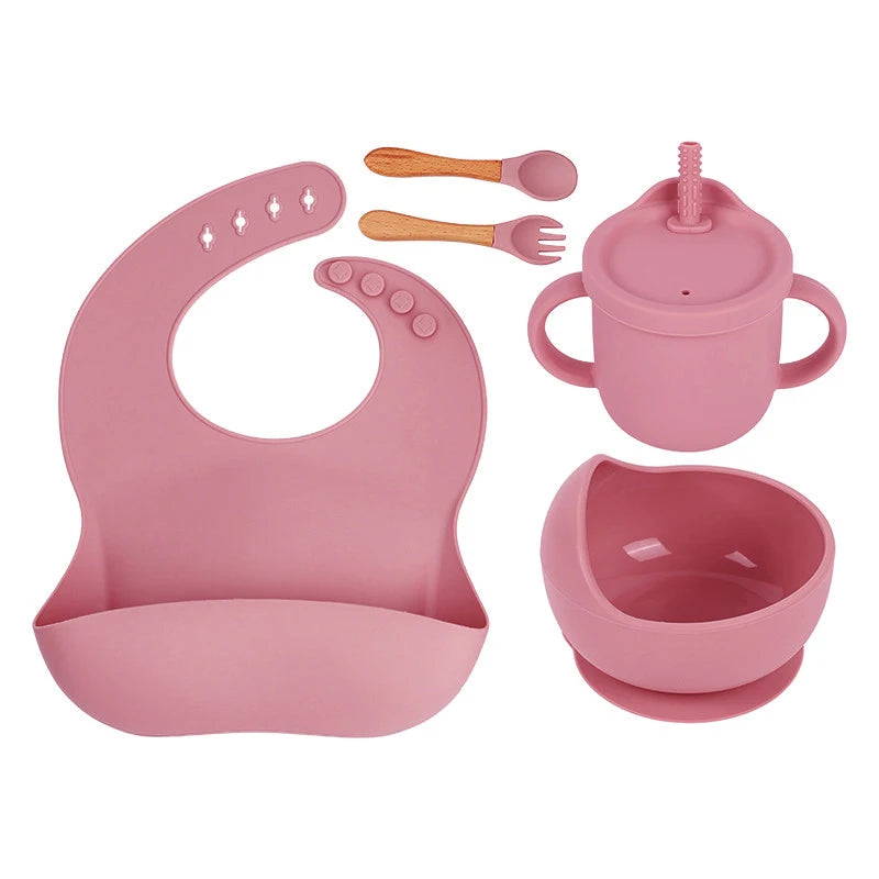 YLS Silicone Baby Feeding Set 5PCS Baby Weaning Supplies Self Feeding Utensils Suction Plate