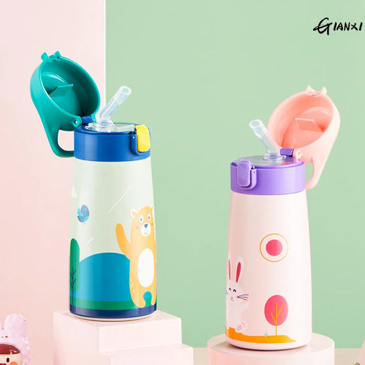 Kids Stainless Steel Straw Thermos Mug With Case Cartoon Leak-Proof Vacuum Flask Children Thermal Water Bottle Thermocup